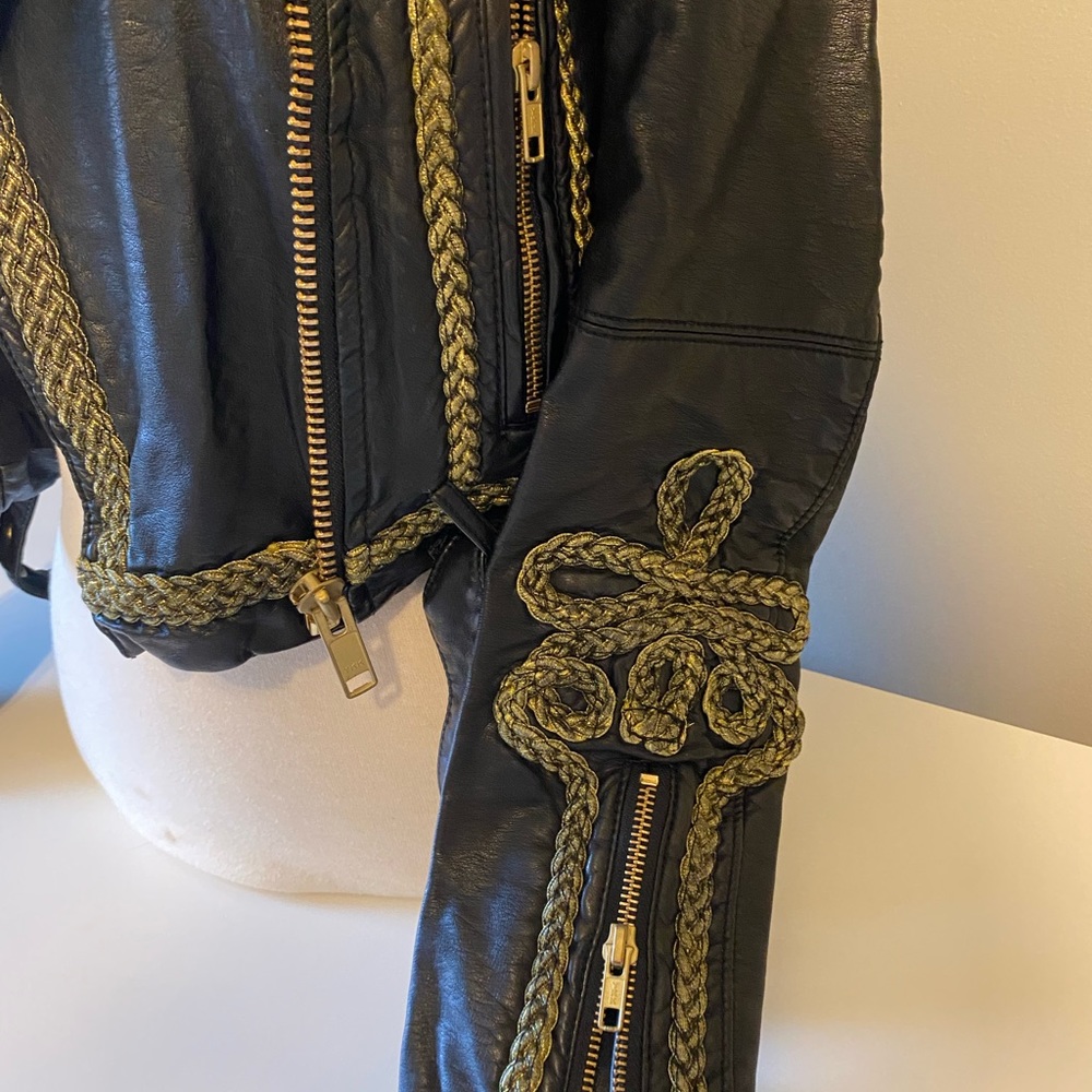Free people leather jacket with gold braided trim
